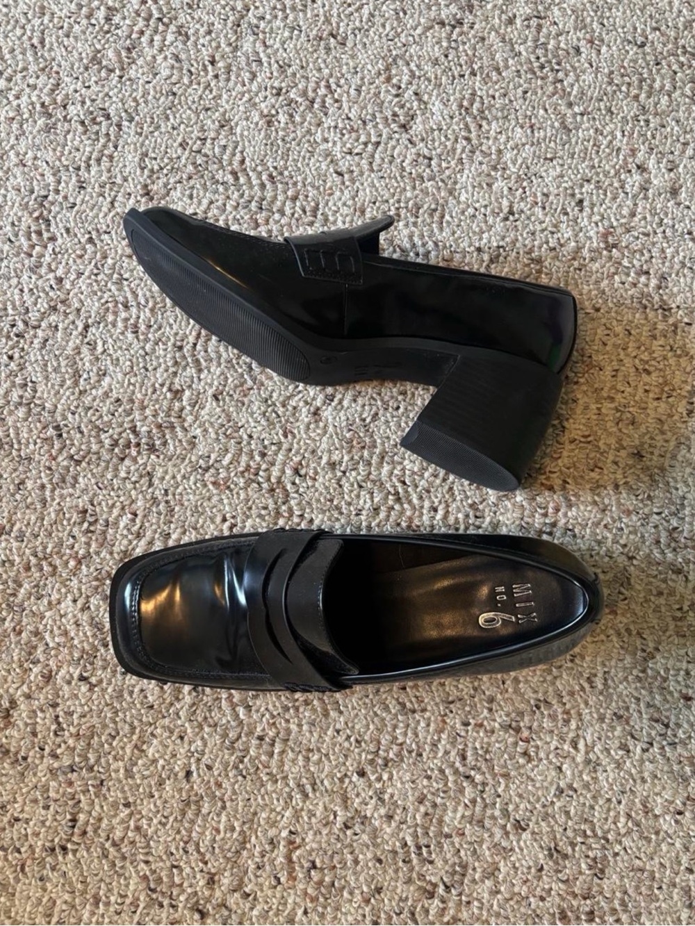 Mix No. 6 Black Leather Penny Loafers with Block Heel